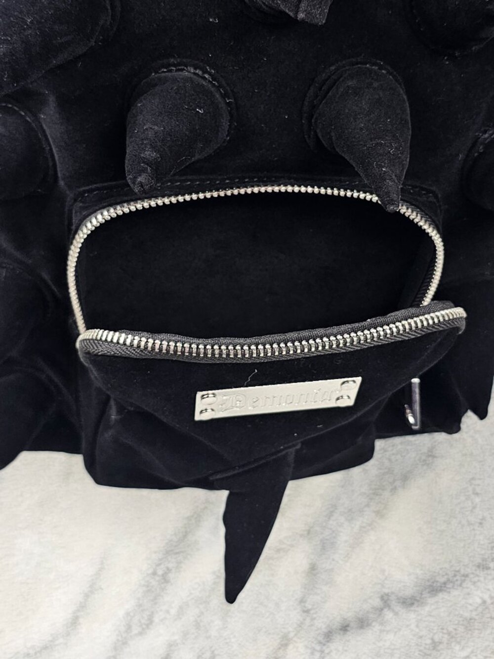 Demonia Black Velvet Spiked Mini Backpack Soft Cone Spikes Pocket Goth Punk NEW - Picture 4 of 9